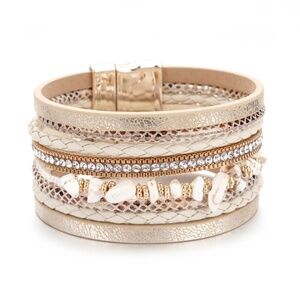 Elegant Beige & White Faux Leather Howlite Gemstone Bracelet with Magnetic Clasp